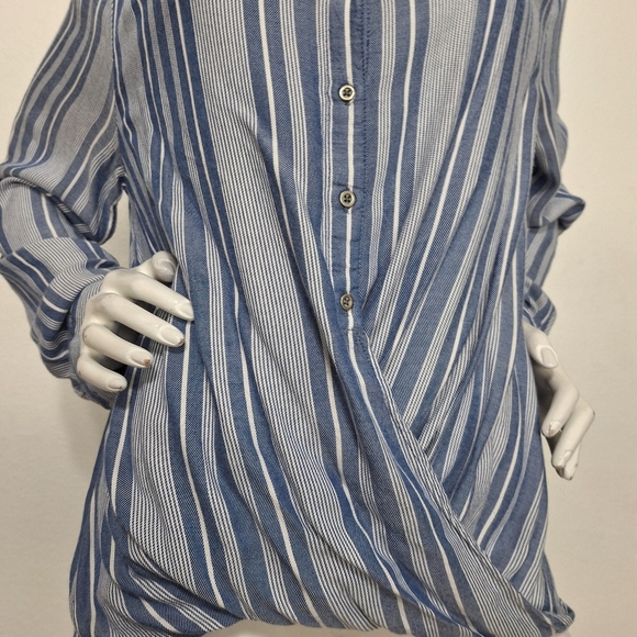 Vintage America Blue White Front Twist Western Casual Roll Tab Sleeve Blouse XL - Picture 3 of 13